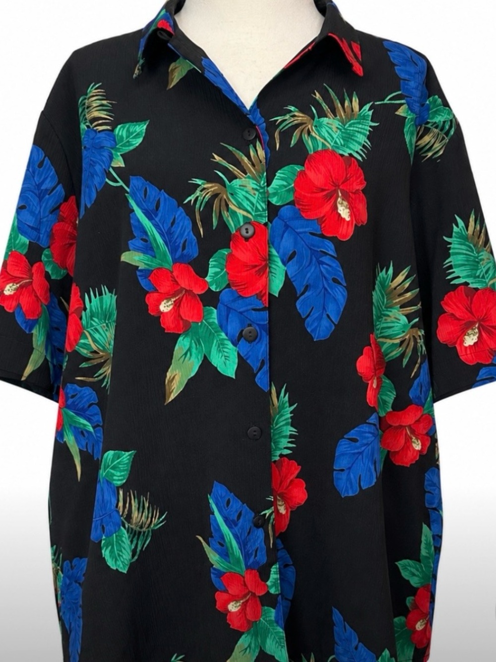 Alia Tropical Floral Button Up Blouse Black Resort Plus Size 16 Short Sleeve Top